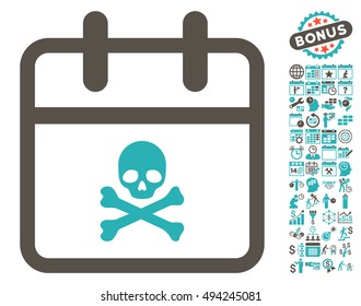 Skull Deadline Day icon with bonus calendar and time management pictograph collection. Vector illustration style is flat iconic bicolor symbols, grey and cyan colors, white background.
