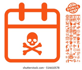 Skull Deadline Day icon with bonus calendar and time management graphic icons. Vector illustration style is flat iconic symbols, orange color, white background.