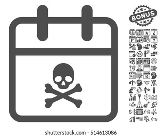 Skull Deadline Day icon with bonus calendar and time management graphic icons. Vector illustration style is flat iconic symbols, gray color, white background.