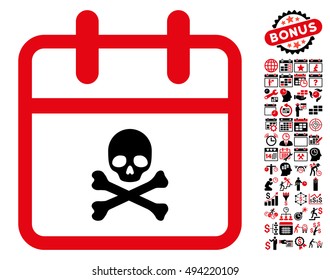 Skull Deadline Day pictograph with bonus calendar and time management graphic icons. Vector illustration style is flat iconic bicolor symbols, intensive red and black colors, white background.