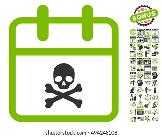 Skull Deadline Day pictograph with bonus calendar and time management clip art. Vector illustration style is flat iconic bicolor symbols, eco green and gray colors, white background.