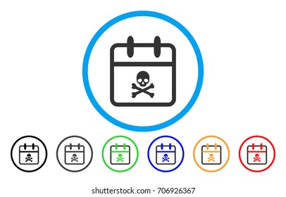 Skull Deadline Day vector rounded icon. Image style is a flat gray icon symbol inside a blue circle. Bonus color variants are grey, black, blue, green, red, orange.