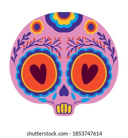 skull of deads day with hearts on eyes and pink color in a white background vector illustration design