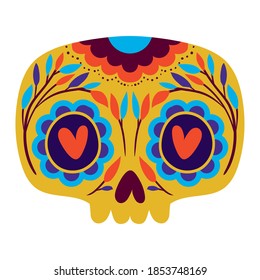 skull of deads day with hearts on eyes and yellow color in a white background vector illustration design