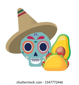 skull death with hat traditional mexican and food vector illustration design