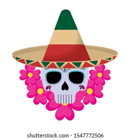 skull death with hat traditional mexican and flowers vector illustration design