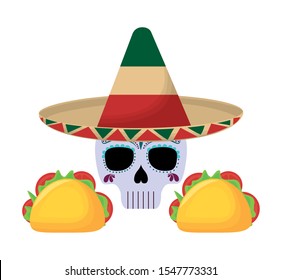 skull death with hat traditional mexican and food vector illustration design