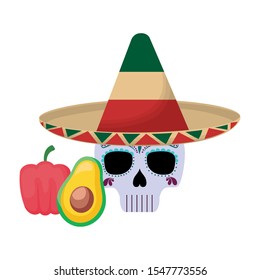 skull death with hat traditional mexican and food vector illustration design