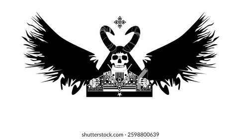 Skull death with horns and wings. Black and white isolated on the white background.