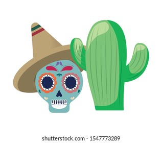 skull death icon traditional mexican with cactus vector illustration design