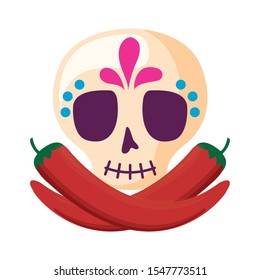 skull death icon traditional mexican with chili peppers vector illustration design