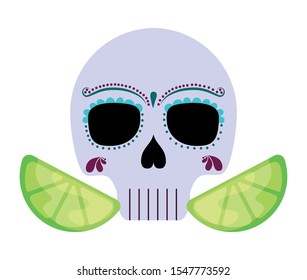 skull death icon traditional mexican with sliced lemons vector illustration design