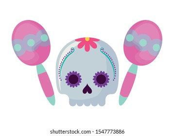 skull death icon traditional mexican with maracas vector illustration design