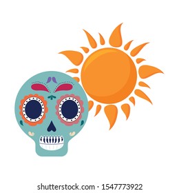 skull death icon traditional mexican with sun vector illustration design