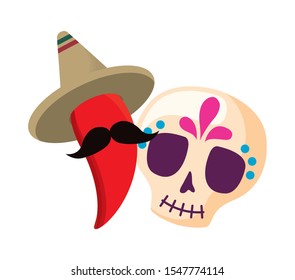 skull death icon traditional mexican with chili pepper vector illustration design