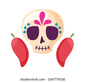 skull death icon traditional mexican with chili peppers vector illustration design