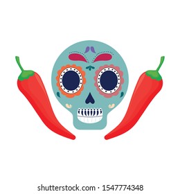 skull death icon traditional mexican with chili peppers vector illustration design