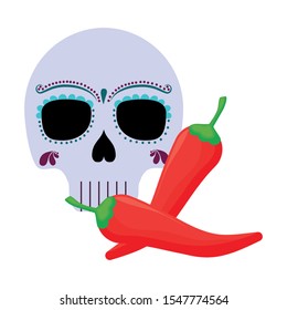 skull death icon traditional mexican with chili peppers vector illustration design