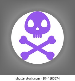 Skull death icon. Vector. Violet icon on white circle with shadow at gray background.