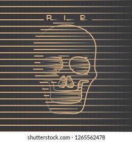 Skull as Death Symbol Digital Woodcut Style Inverted Icon Made with Horizontal Lines with RIP Logo Lettering as Decorative Print Template - Gold on Black Background - Vector Signs Graphic Design