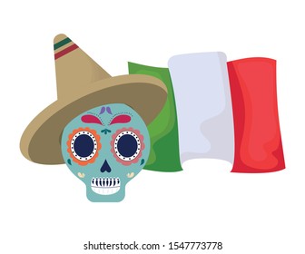 skull death traditional with hat and mexico flag vector illustration design