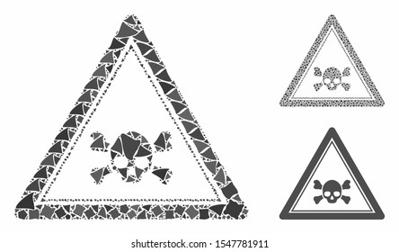 Skull death triangle mosaic of raggy pieces in different sizes and shades, based on skull death triangle icon. Vector tremulant pieces are grouped into mosaic.