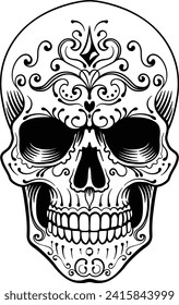 A skull decorated with abstract patterns and engraved woodcut etching design like a classic tattoo. Could be a Mexican Day of the Dead Dia de los Muertos skull.