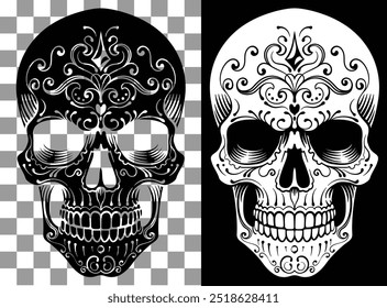 A skull decorated with abstract patterns and engraved woodcut etching design like a classic tattoo. Could be a Mexican Day of the Dead Dia de los Muertos skull.