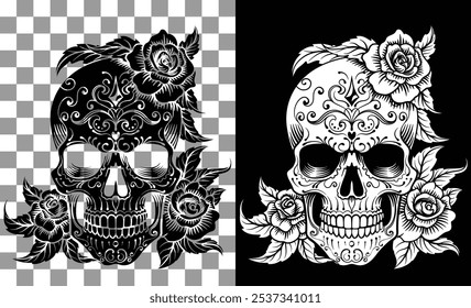 A skull decorated with abstract patterns and roses engraved woodcut etching design like a classic tattoo. Could be a Mexican Day of the Dead Dia de los Muertos skull.