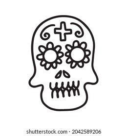 Skull decorated with cross and flowers . Vector Illustration in doodle style. Design for Day of the Dead 