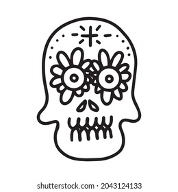 Skull decorated with cross and flowers . Vector Illustration in doodle style. Design for Day of the Dead 