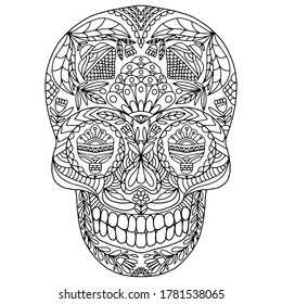 skull decorated with floral folk style for coloring on a white background, vector, day of the dead