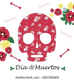 A skull decorated with flowers, bones and a Spanish inscription Dia de los Muertos. Day of the dead. Vector holiday illustration, postcard, banner. Red sugar skull with roses. Mexican tradition.