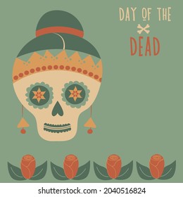 Skull decorated with flowers in the eyes, and hair dressing for a holiday Day of the Dead. Vector image for social networks, greeting cards.