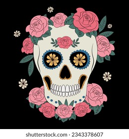 Skull decorated with flowers on the day of the dead, vector illustration.