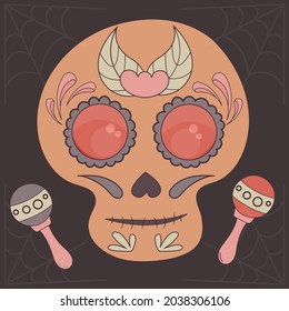 Skull decorated with flowers and patterns for the traditional Mexican holiday Day of the Dead, vector image on a dark background with maracas and cobwebs