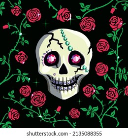 Skull decorated jewel gem ruby eyes. Red rose floral climbing curly flower Catrina ornament scull, Dia de Los Muertos, Day of the Dead or vintage dark gothic vector holiday background. Head of death