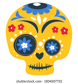 Skull decorated with lines and floral ornaments for day of the dead celebration. Mexican holiday, dia de los muertos. Calavera isolated icon, carnival makeup traditional painting. Vector in flat style