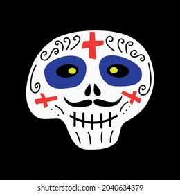 Skull decorated with ornaments, crosses for Halloween celebration in Mexico. Vector illustration 