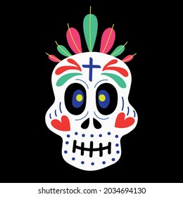 A skull decorated with ornaments, hearts, feathers for the celebration of the Day of the Dead and Halloween Vector illustration