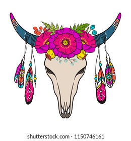 Сow skull decorated with poppies and other flowers and leaves, colored feathers. Bohemian symbol. Tribal vector illustration in boho style, isolated on white background.
