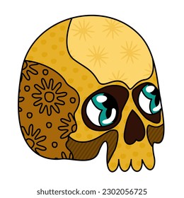 Skull decorated with various ornaments with blue eyes. Vector isolated illustration.