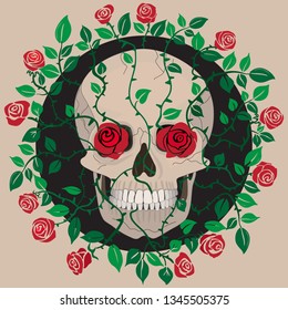 Skull decorated with woven red roses.