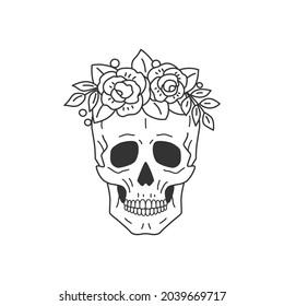 Calavera decorada con una corona de rosas. Dibujo de línea. Ilustración del vector