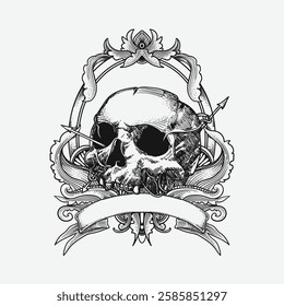 Skull with decorative frame. Hand drawn vector illustration