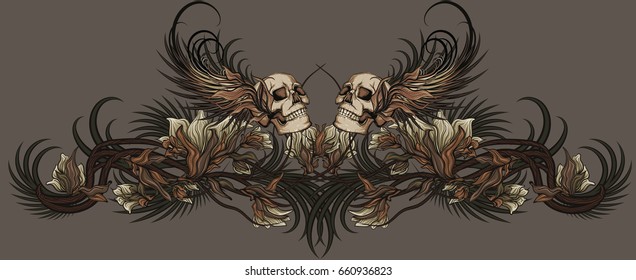 skull with decorative nature patterns and wings