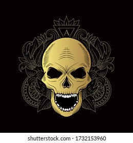 Skull with decorative pattern detailed dark art illustration with engraving style