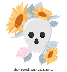 Skull with decorative sunflowers. Halloween illustration.