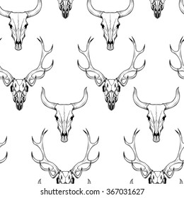 The skull of a deer and a bull. Vector seamless pattern