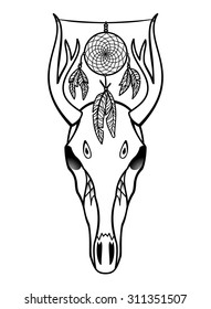 Skull of deer with dream catcher. Vector illustration for textile prints, tattoo, signs, web and graphic design